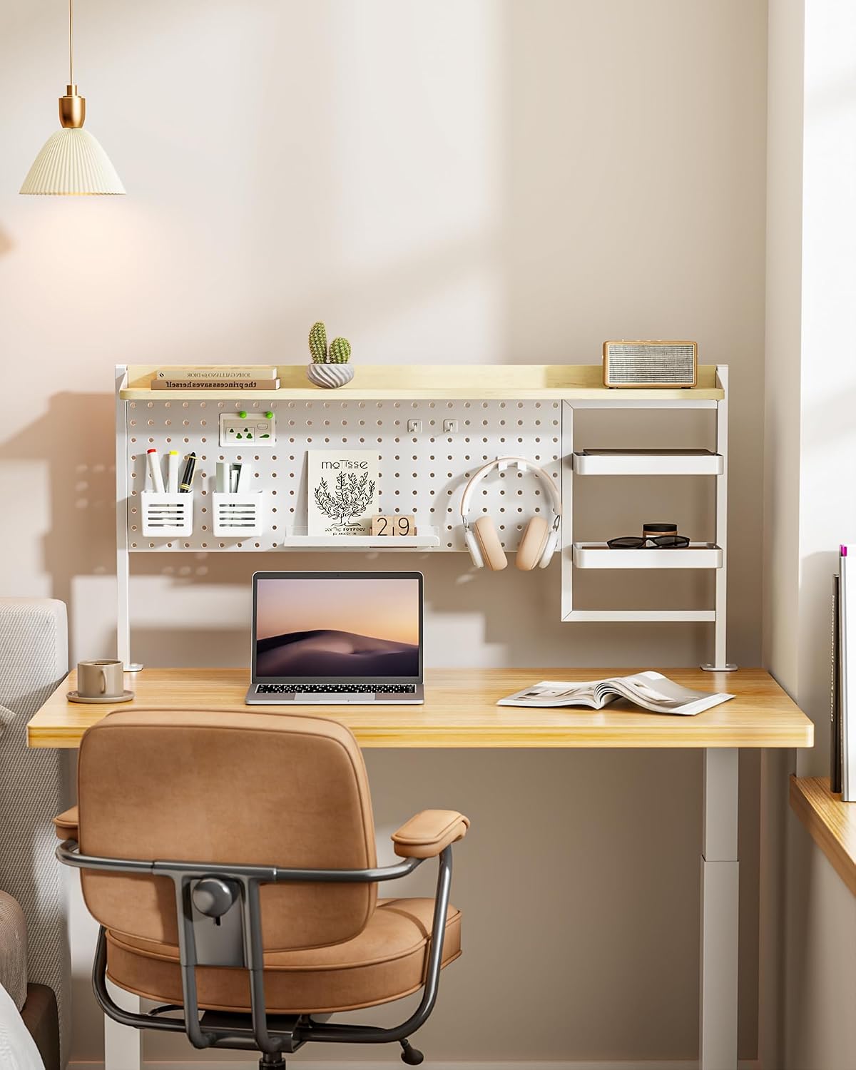 Clamp on Desk Shelf, 44" Desktop Shelving System, White | with Pegboard and Accessories, Desktop Organizer with 2-Tier