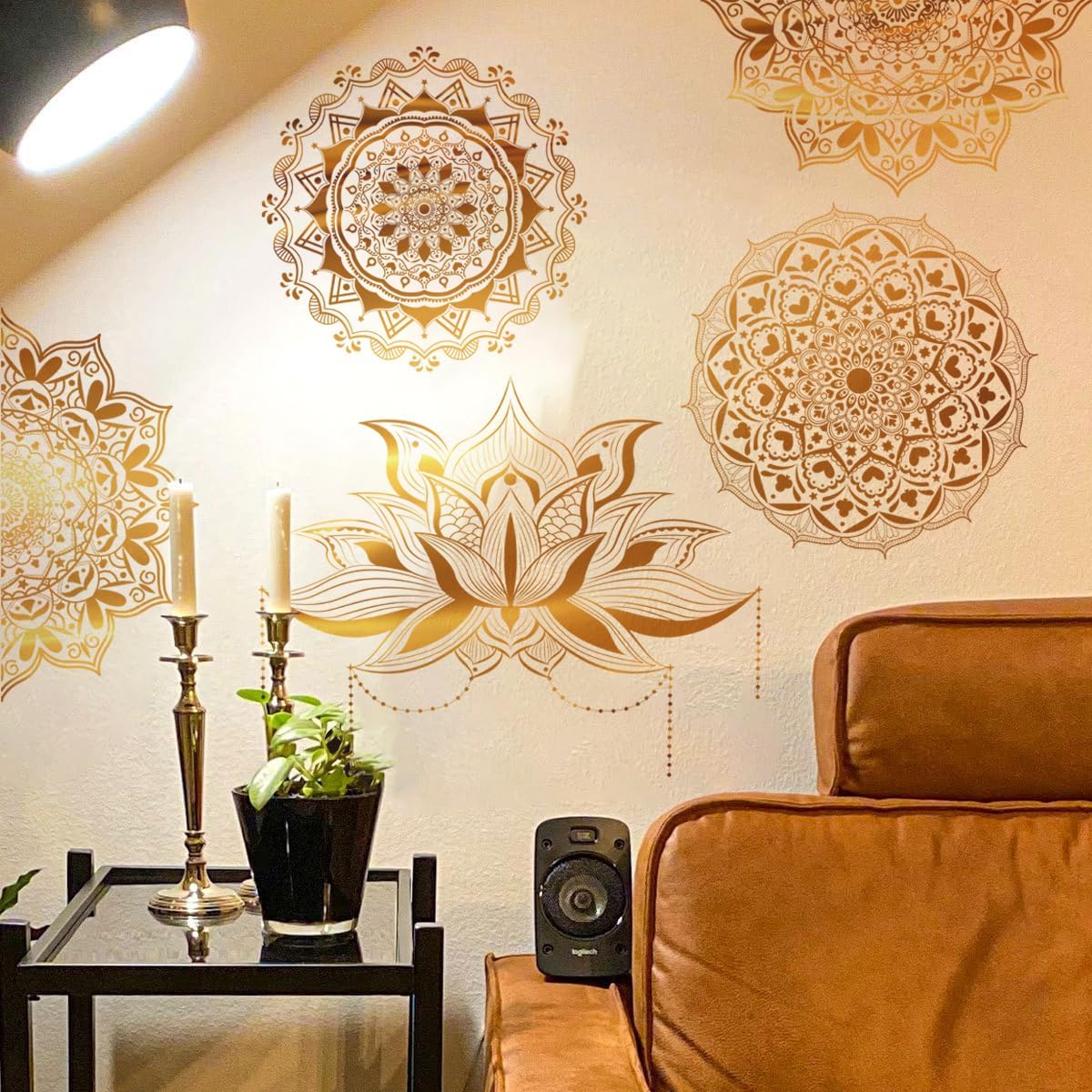 Mandala Wall Stickers Boho Large Lotus Floral Wall Decal Peel and Stick Bedroom Living Room / Gold