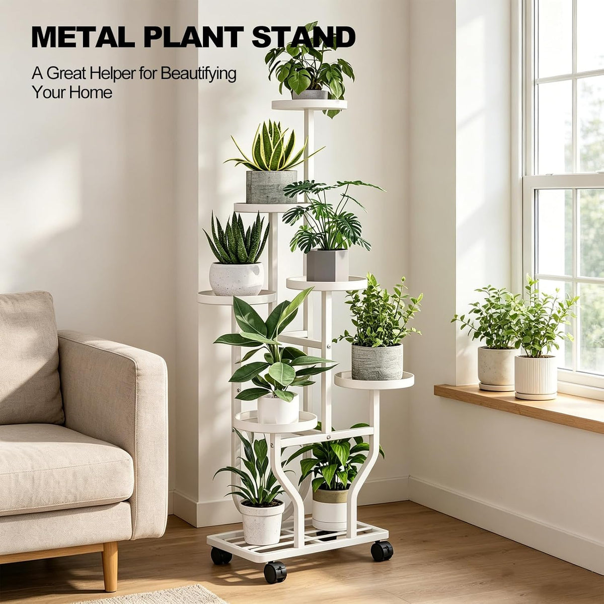 Plant Stand with Wheels, White 6 Tier Metal Plant Shelf for Indoor Outdoor | Corner Plants Stand Indoor for Bedroom