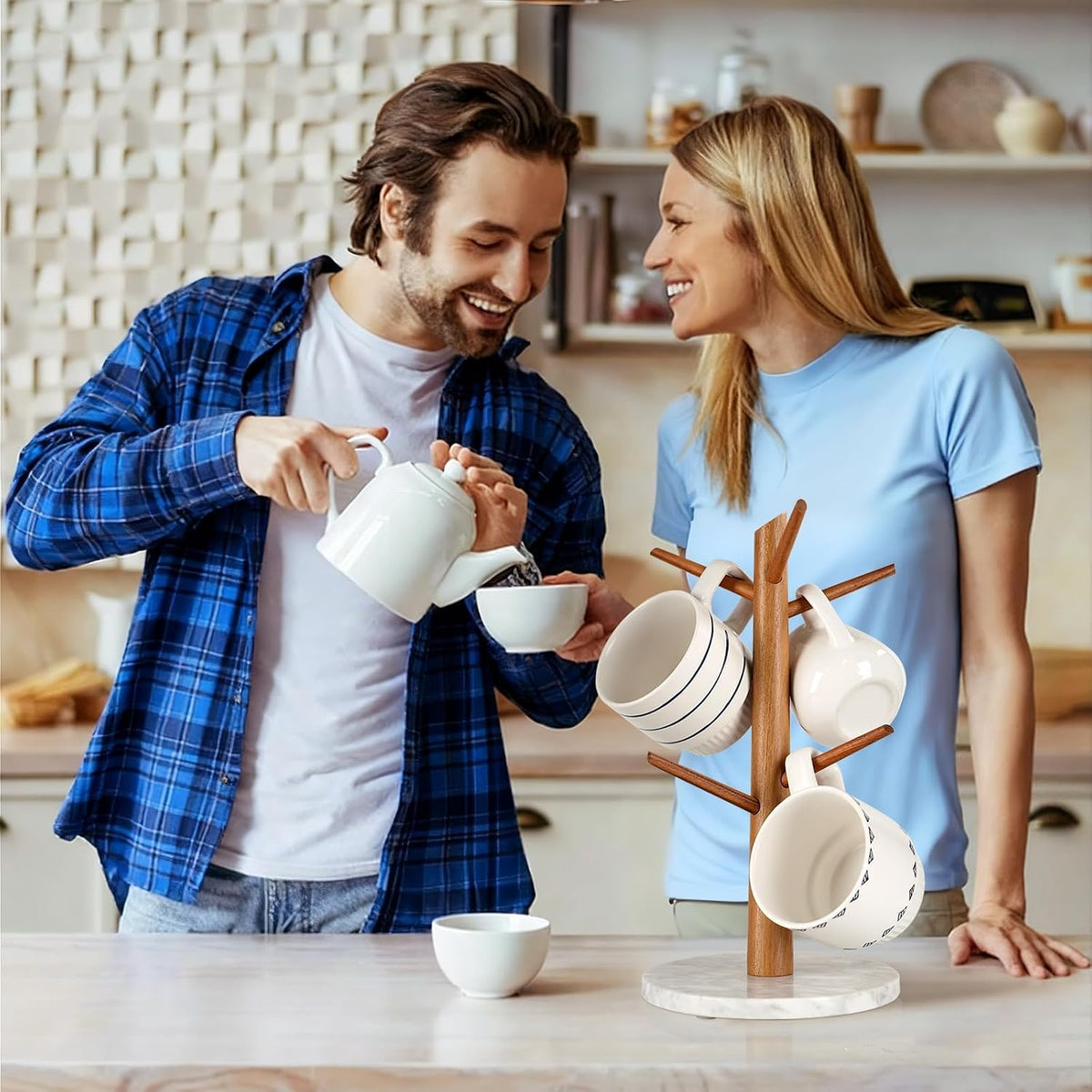 Acacia Wood Mug Tree, Marble Base | Coffee Mug Tree for Counter, Mug Holder Tree with 6 Hooks for Kitchen Coffee Bar