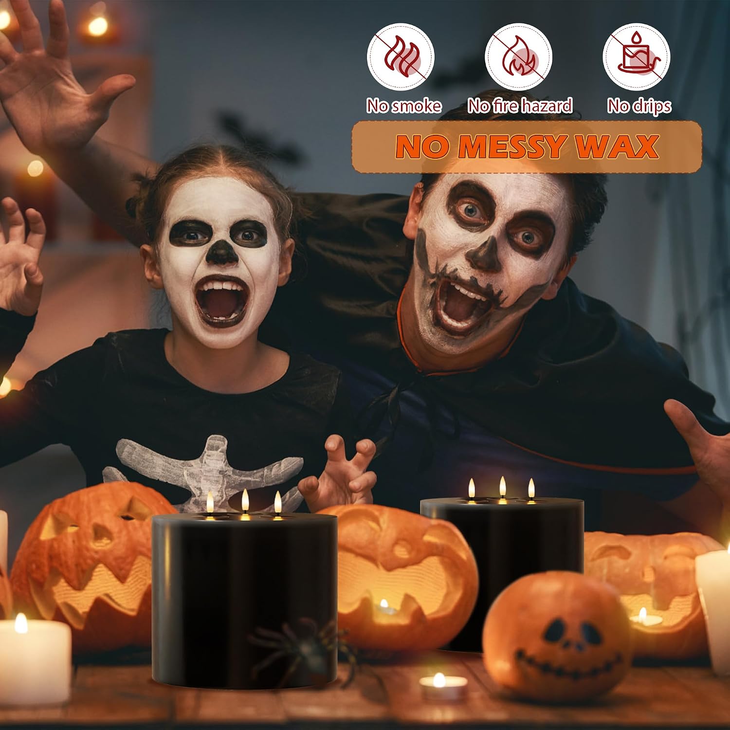 Extra Large Black Flameless Candles with 3 Wicks, 6"x6" Real Wax Halloween Candles with Remote, Battery Operated Candle