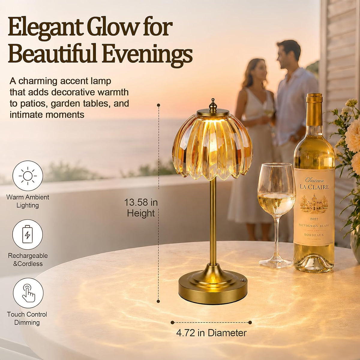 Rechargeable Cordless Table Lamp, 3 Color Temps & Stepless Dimming | 5200mAh Battery Glass Table Lamp, Touch Control &