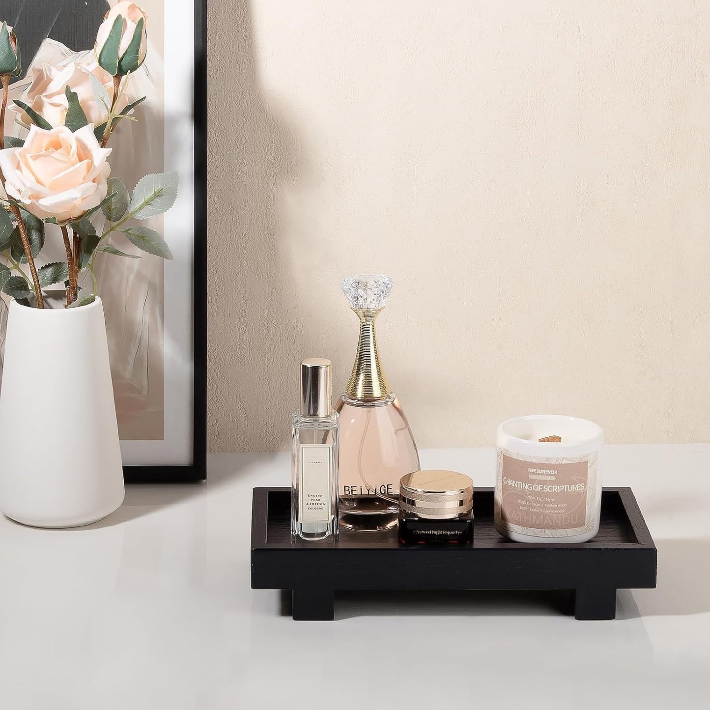 Decorative Tray Small Pedestal Stand Farmhouse Bathroom Decor Wooden Riser / Black / 9.4 x 4.7 x 1.7