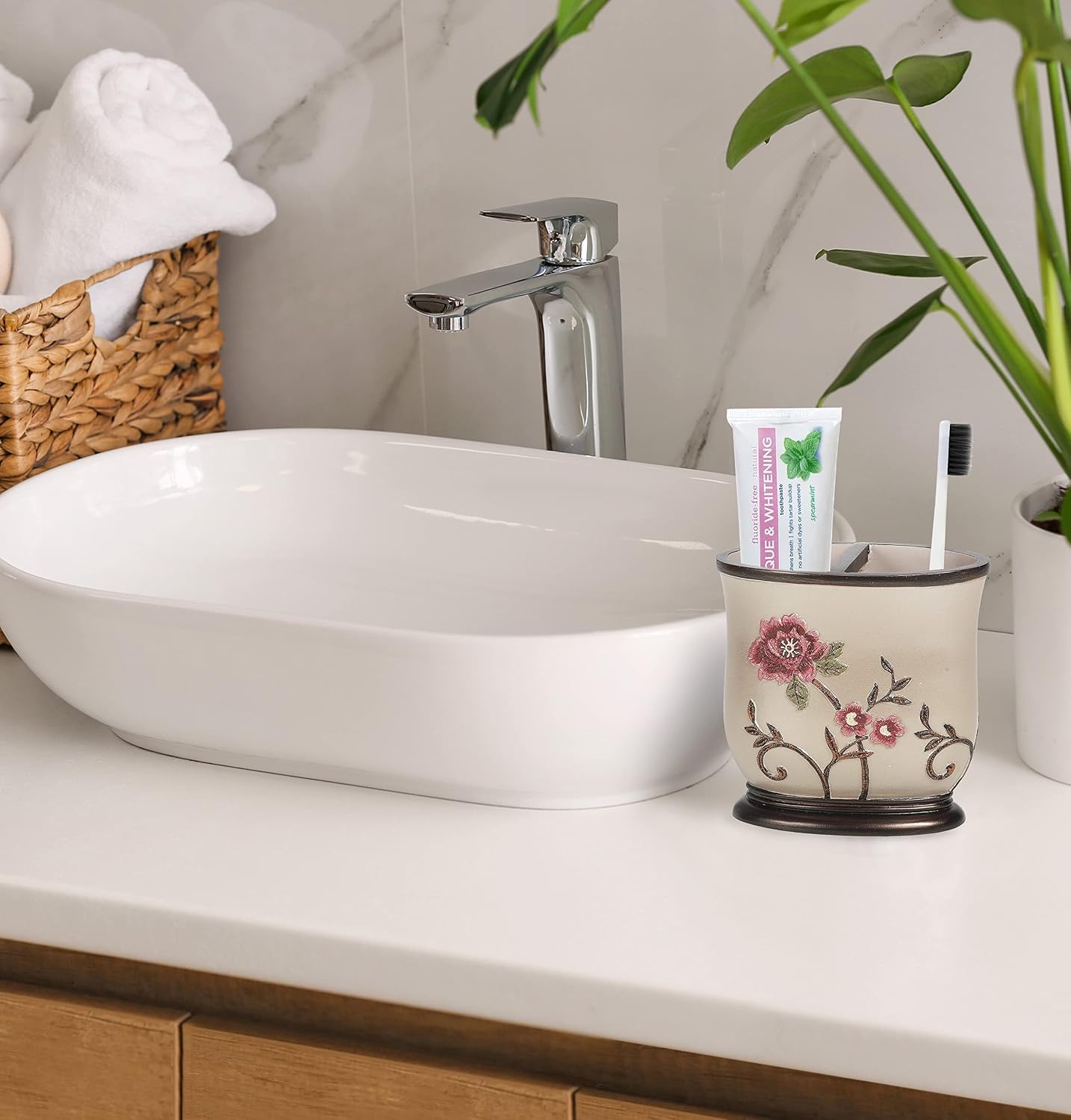 Zahari Home 4pc Larrisa Floral Bathroom Accessories Sets Modern Classic Flower Soap Dispenser, Tumbler, Tooth Brush