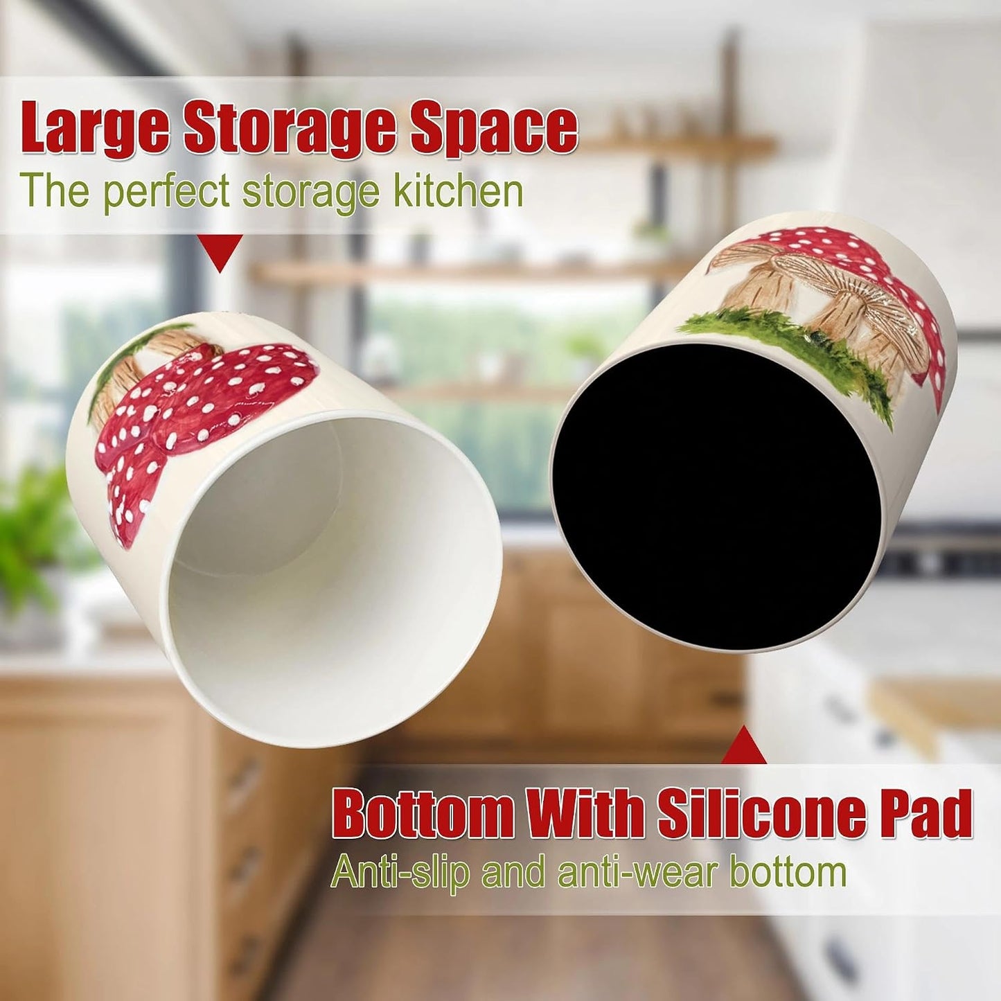 Mushroom Kitchen Decor Embossed Ceramic Utensil Holder for Farmhouse Indoor