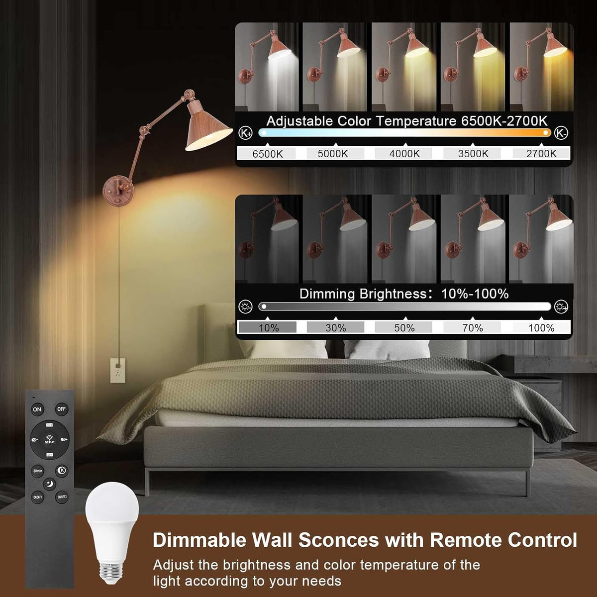 TRLIFE Dimmable Wall Sconce, Remote Control Plug in Wall Sconce Dimming 10%-100% and Adjustable Color Temperature