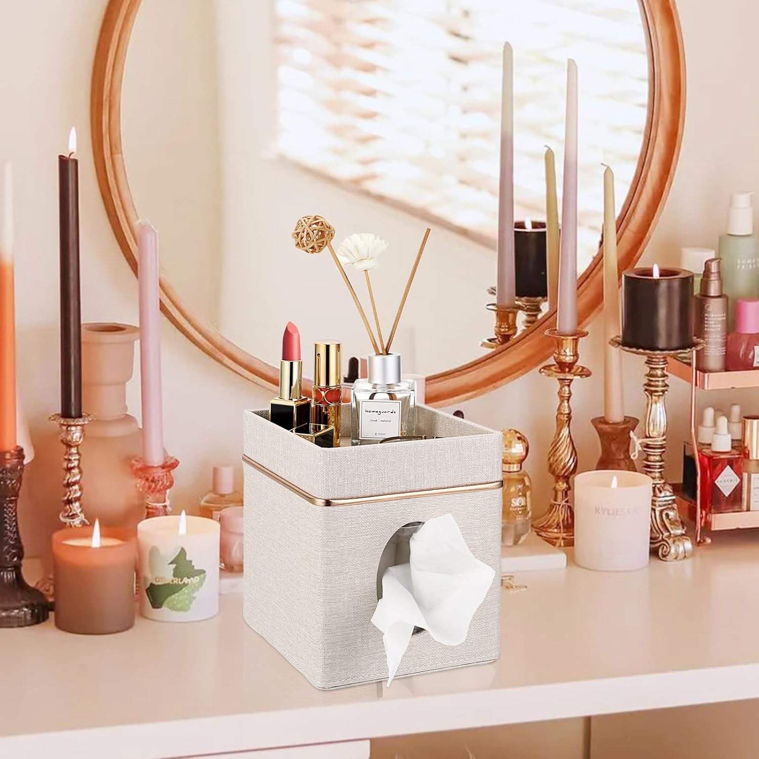 Linen Square Tissue Box Cover / Beige