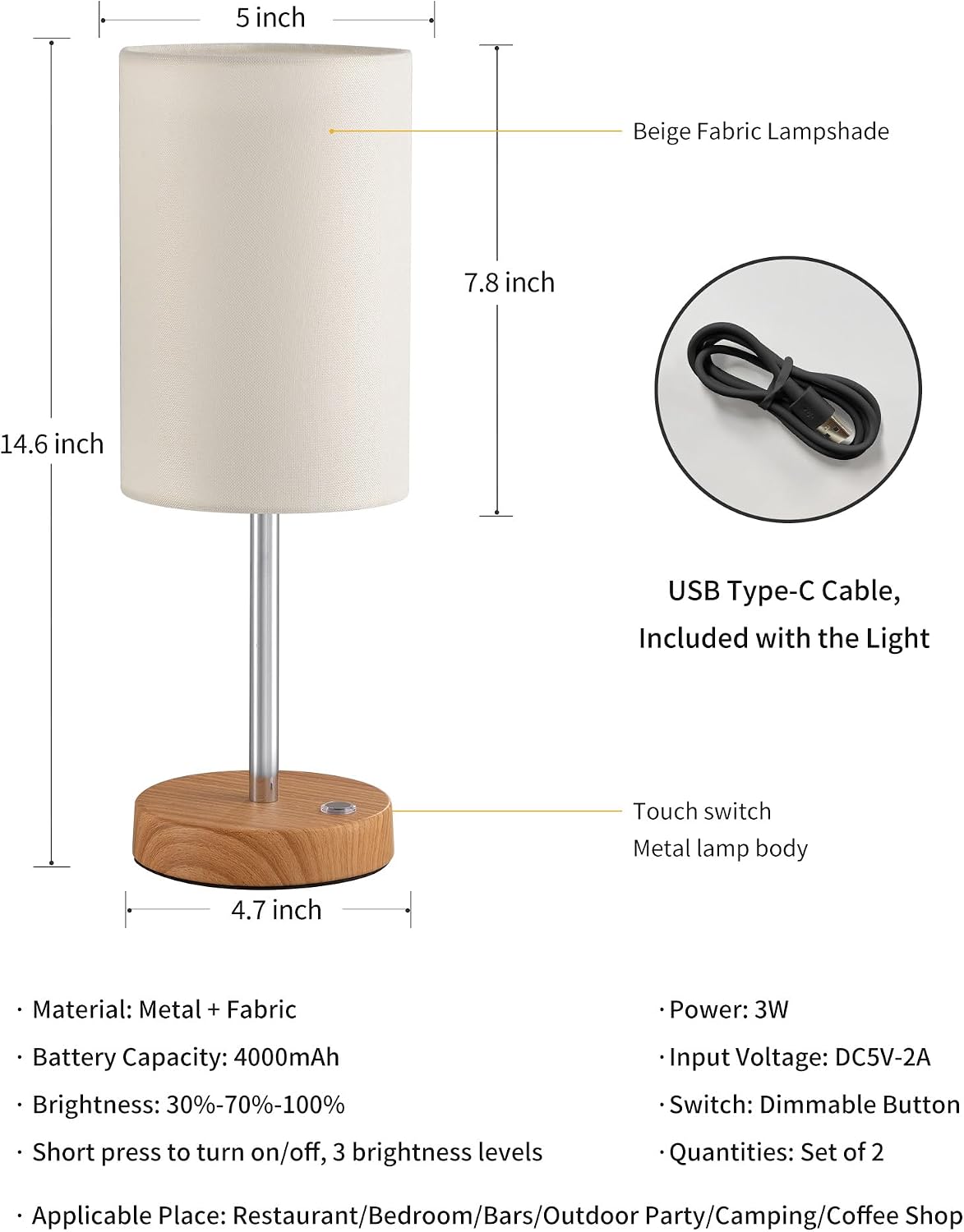 KDG Simple Cordless Table lamp, Portable Bedside 4000mAh LED Desk Lamp | Chrome / Wood-Grain, 3 Brightness Levels