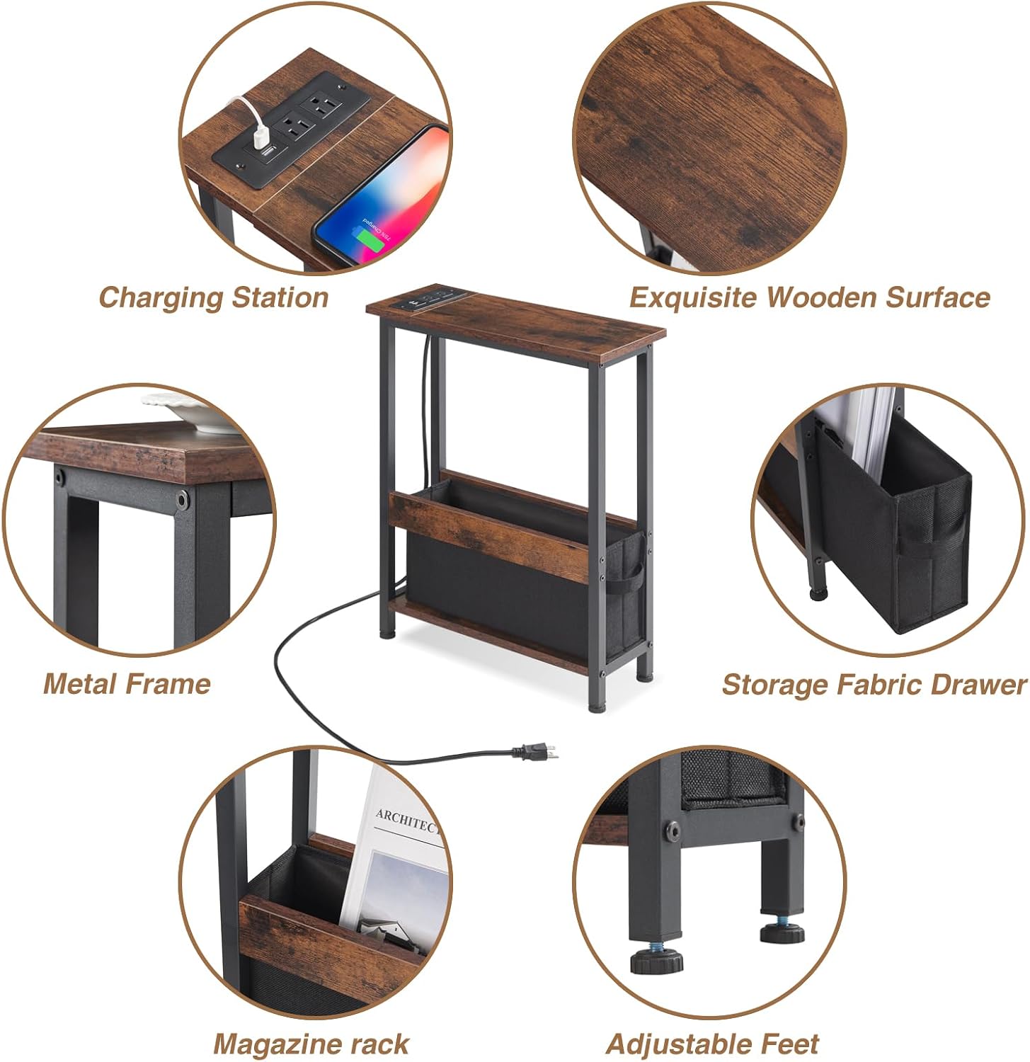 Slim Charging End Table with Storage - For Small Spaces and Bedroom