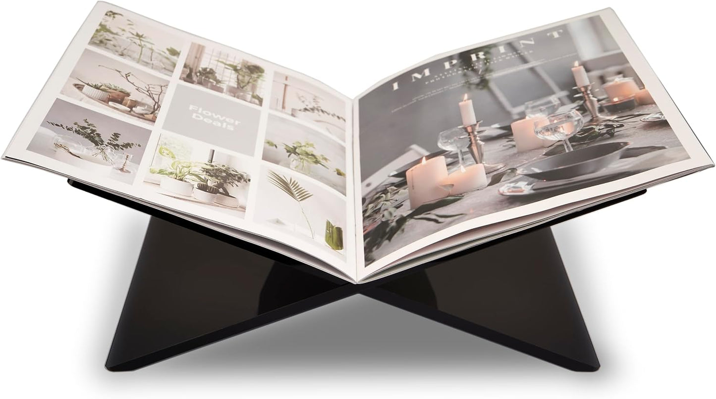 Honygebia Black Acrylic Book Stand, Cross Frame Open Display Holder | Smoked Black Acrylic, 8mm Thick, 9.5"D X 12.5"W X