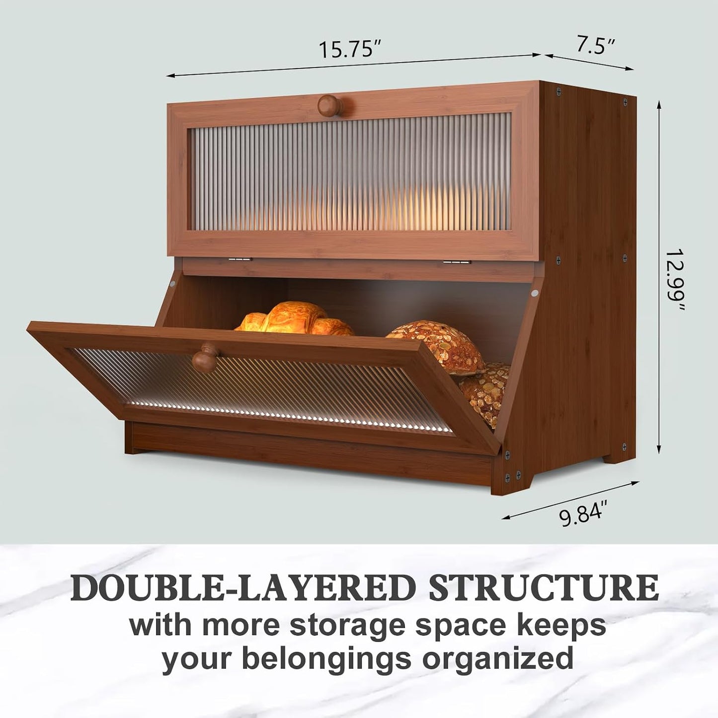 LOHASOK Bread Box for Kitchen Countertop,Brown | 2-layer, Bamboo, Large, Farmhouse Bread Container Holder Storage
