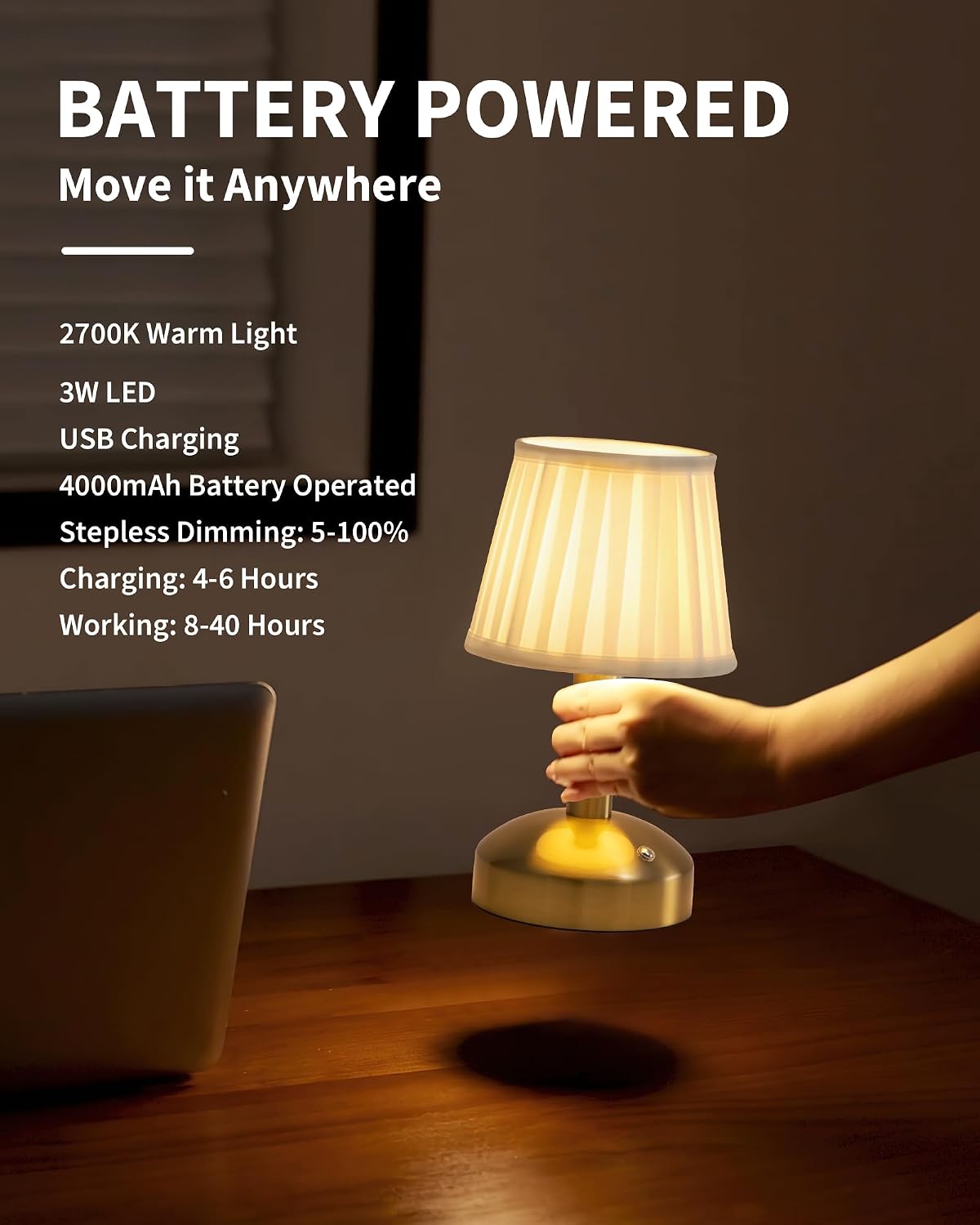 KDG Gold Cordless Small Table Lamp, Portable LED Fabric Shade Desk Lamp | Modern 4000mAh Rechargeable Battery Operated