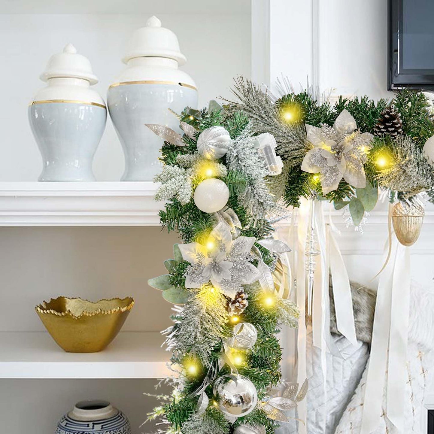 WANNA-CUL Pre-Lit 6ft Silver White Christmas Garland with 30 LED Lights | Frozen Winter Xmas Lighted Garland for Mantel