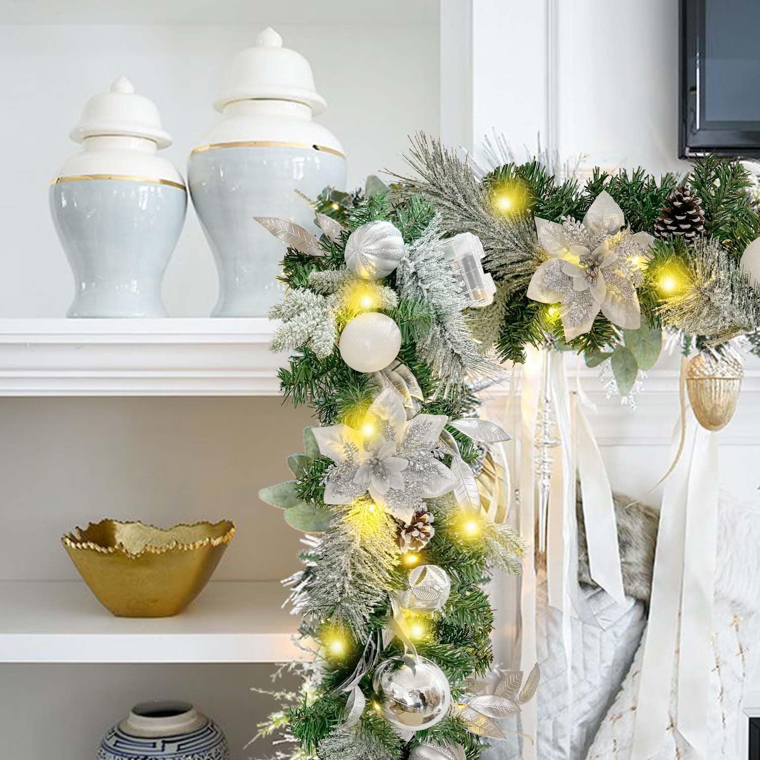 WANNA-CUL Pre-Lit 6ft Silver White Christmas Garland with 30 LED Lights | Frozen Winter Xmas Lighted Garland for Mantel