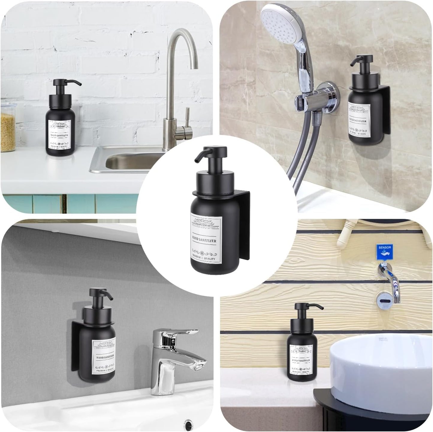 Black Glass Soap Dispenser Wall Mount for Bathroom with Pump and Drill-Free Holders - 8.5 Oz Hand Soap Dispenser