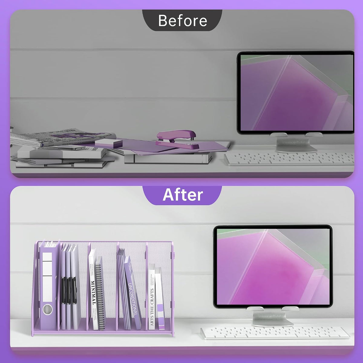 Binder Organizer, Magazine File Holder with 5 Vertical Rack, Purple | Metal Desk File Organizer & Binder Holders