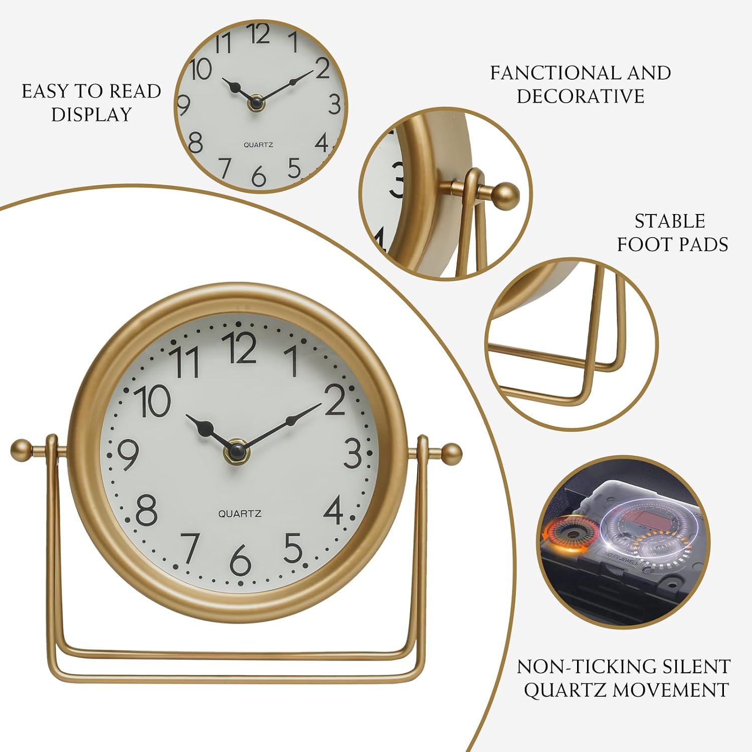 EMAX HOME Vintage Golden Table Clock - Elegant Battery Operated Office, Living Room, and Bedroom Clock with Minimalist