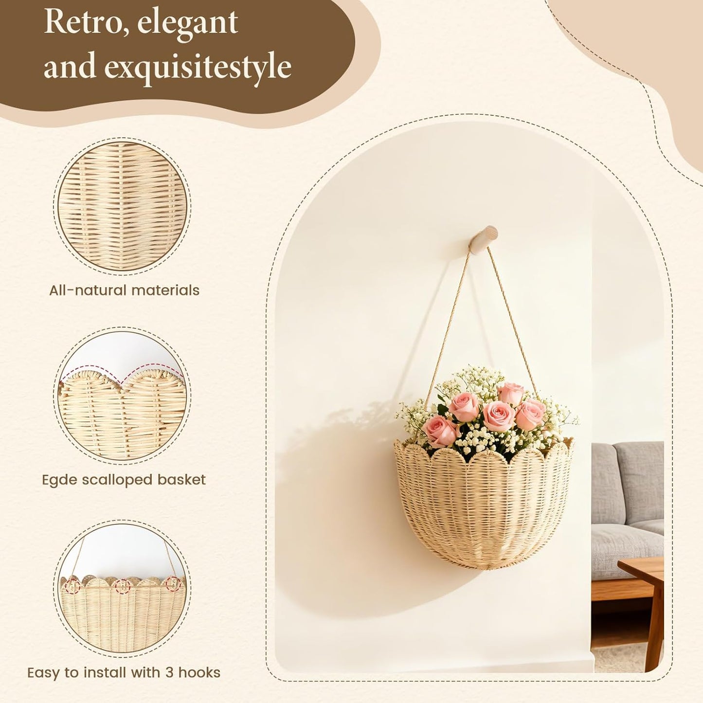 Natural Handwoven Scalloped Wall Basket / Honey Brown / Set of 2