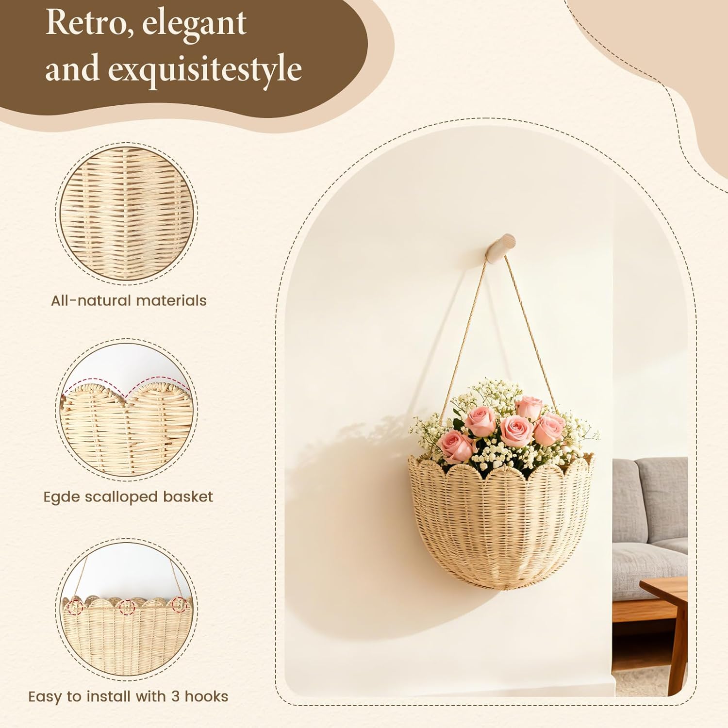 Natural Handwoven Scalloped Wall Basket / Honey Brown / Set of 2