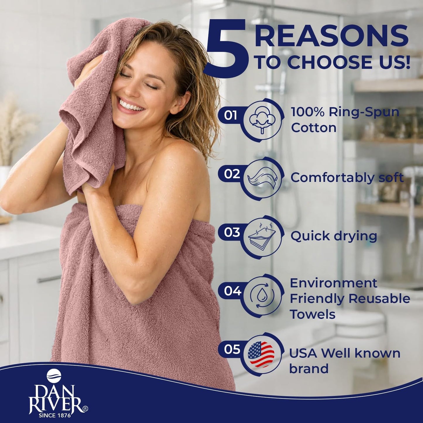DAN RIVER 8 Piece Luxury Bath Towels for Bathroom, Towel Set, Dusty Rose | 2 Bath towels, 2 Hand towels, and 4 Wash