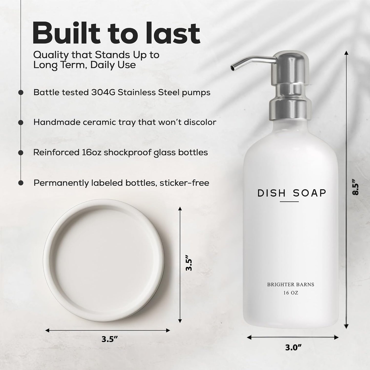 White Glass Dish Soap Dispenser for Kitchen Sink by Brighter Barns - Modern Kitchen Soap Dispenser Set - Refillable