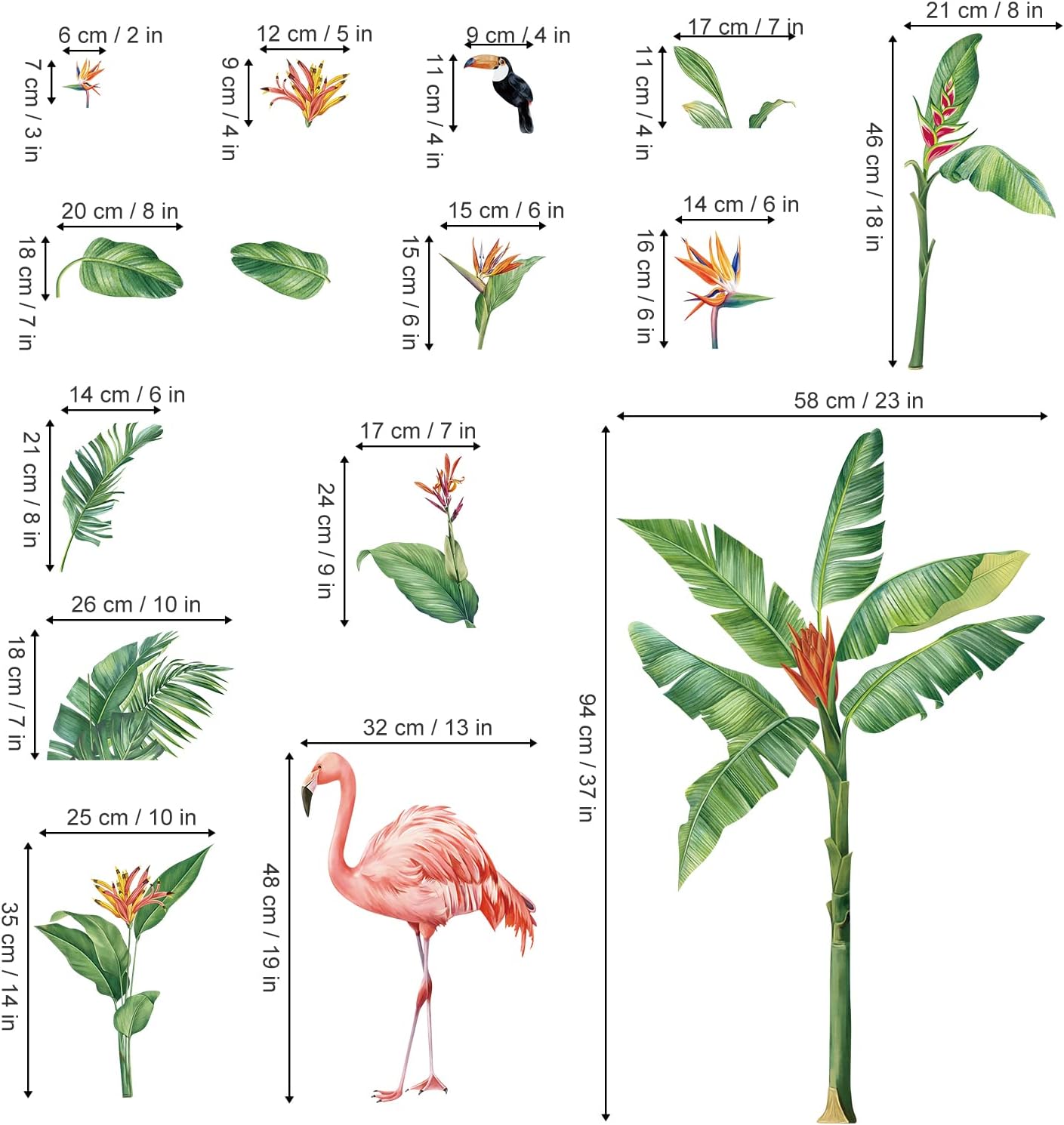 Tropical Leaves Wall Decals Flamingo Plants Wall Stickers Living Room Bedroom Sofa TV / B / Green