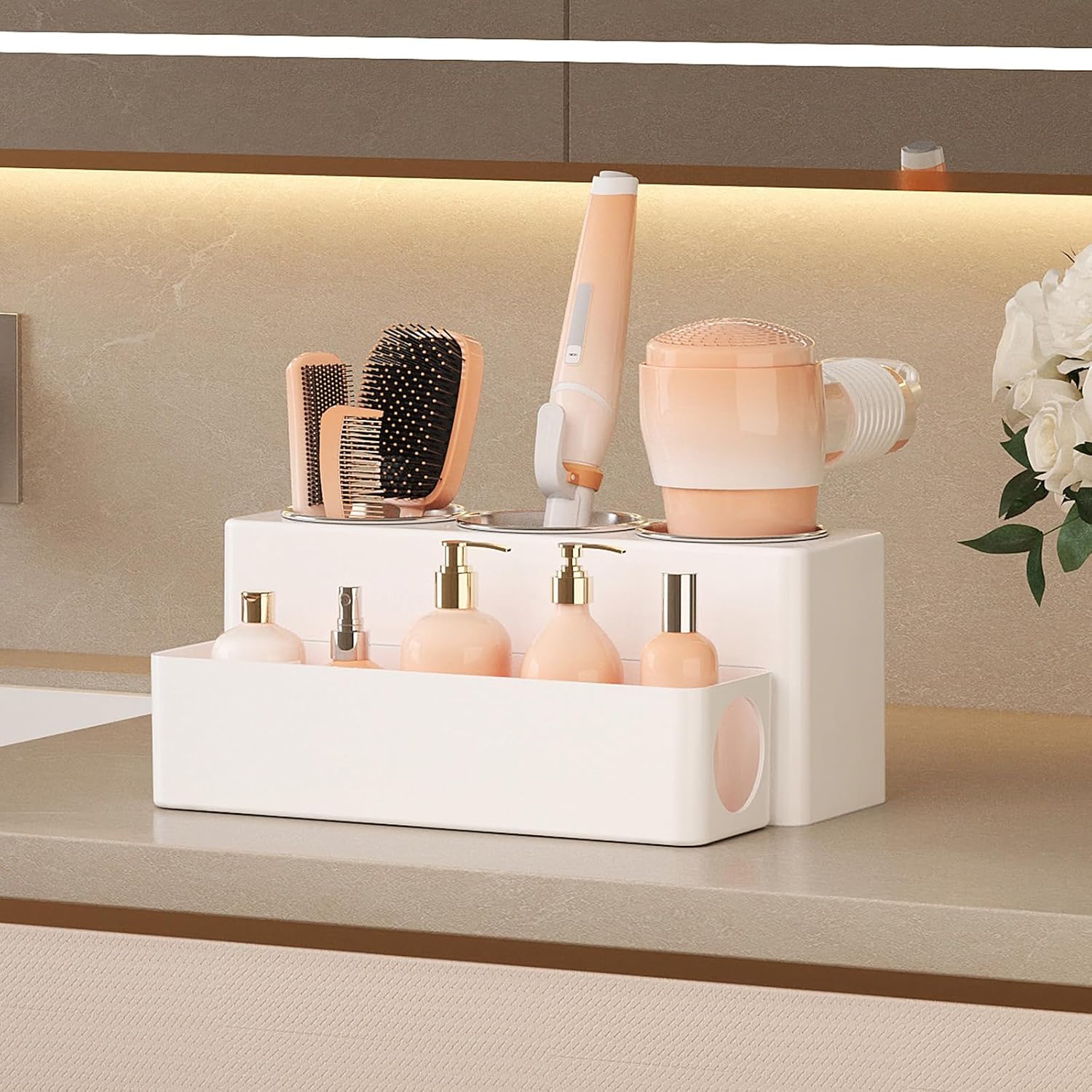 Lifewit Hair Tool Organizer Dryer Holder Countertop with 3 Cups, White | 3 Stainless cups Tools Organizer, Acrylic body