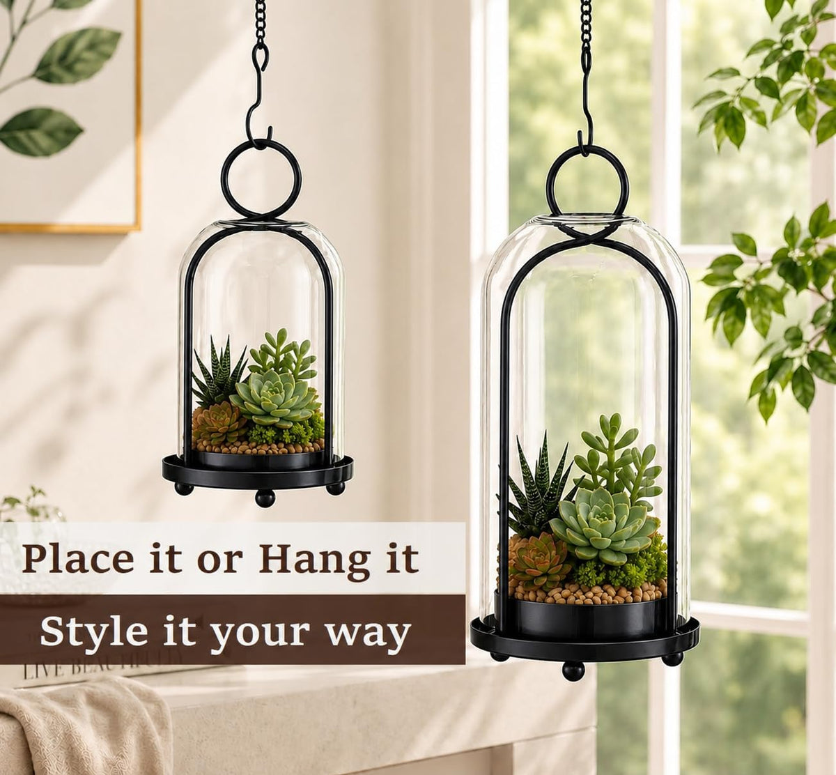 Hurricane Metal Candle Holder Set of 2, 12” & 7.5”, with Handcrafted Glass Dome for Pillar Candle, Plants & 2 Timer