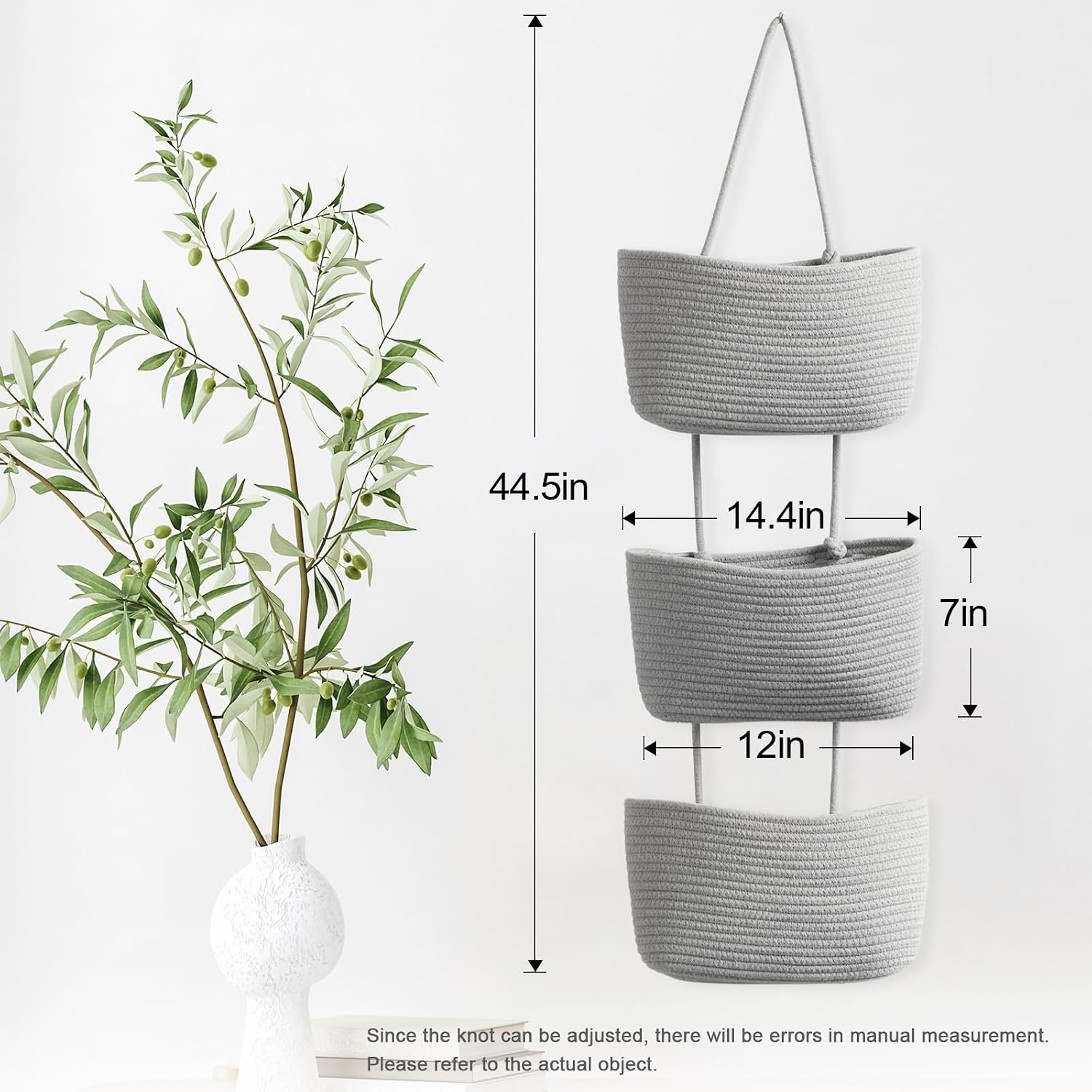 3-Tier Woven Cotton Wall-Mounted Storage Organizer Bag Decorative Hanging Nursery / Gray