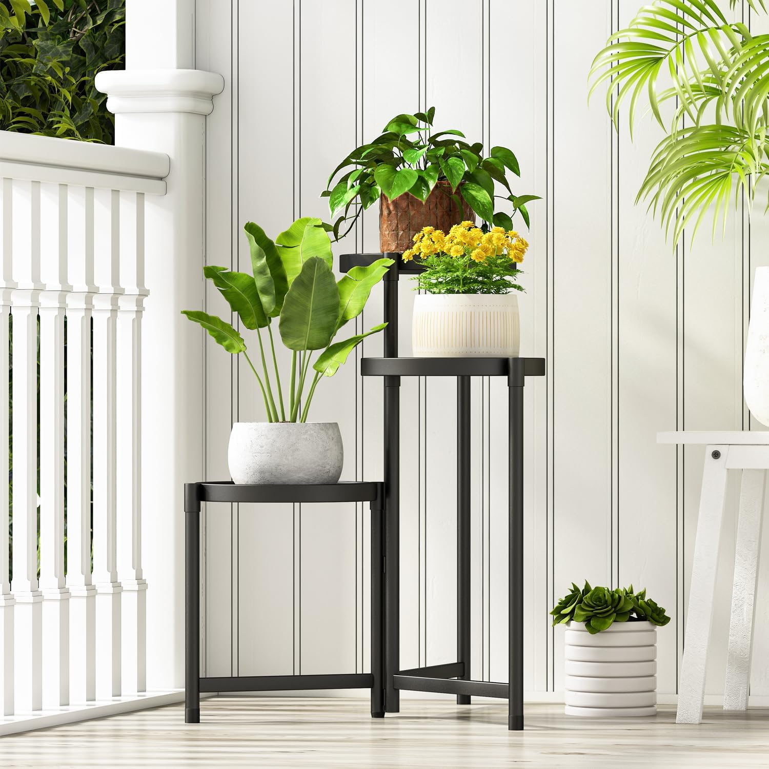 Plant Stand indoor outdoor-3 Tier black Tall Metal Flower Pot Holder 9in Wide Potted Display Rack - Heavy Duty Corner