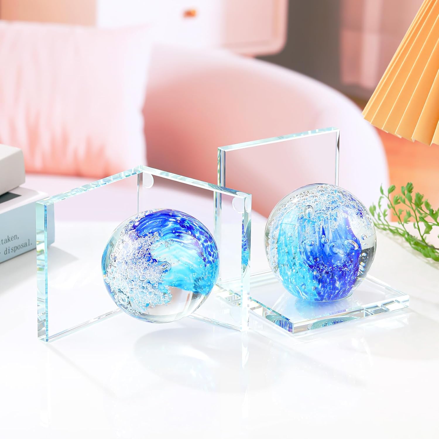 Hand Blown Ocean Waves Ball Glass Decorative Non Skid Bookends / Blue