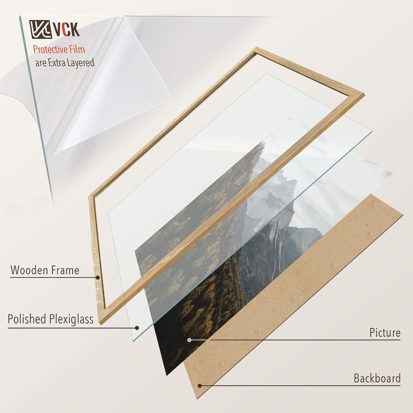 VCK 27x40 Inch Poster Frame Set of 3, Natural Solid Wood, Wall Hanging | Wide Border, Light Woodgrain, Shatterproof