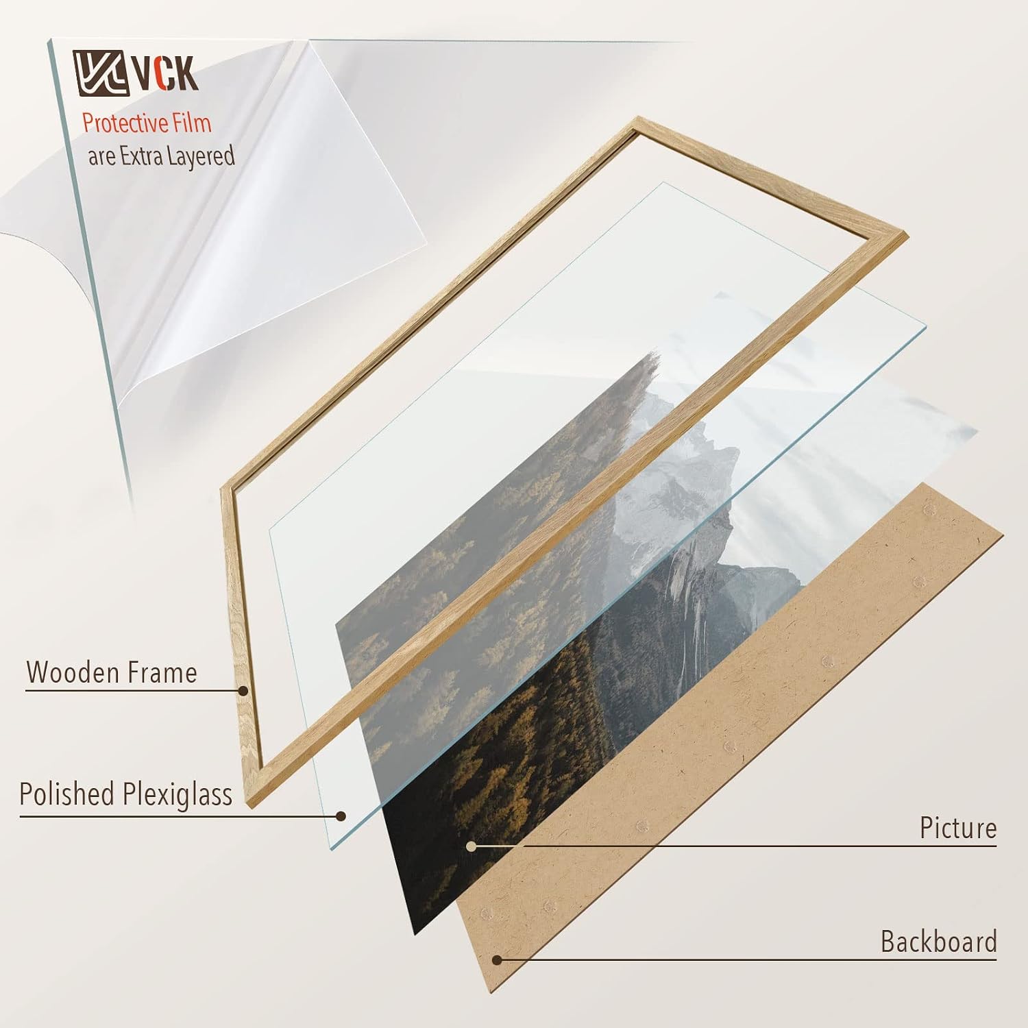 VCK 27x40 Inch Poster Frame Set of 3, Natural Solid Wood, Wall Hanging | Wide Border, Light Woodgrain, Shatterproof