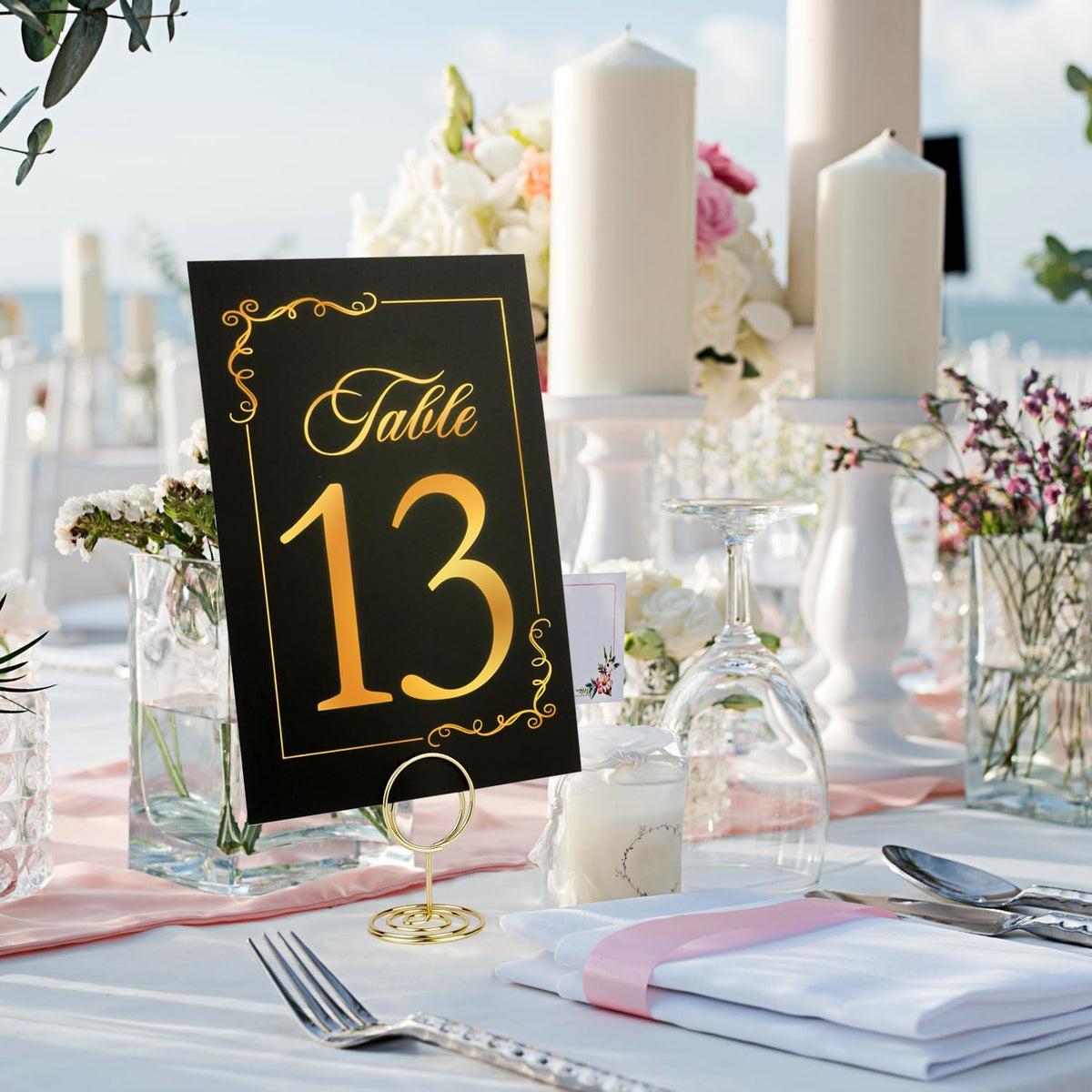 Wedding Table Numbers 1-40 and Head Table Card, Black Gold Table Number Cards with 41 Gold Table Number Holders, 1 Set