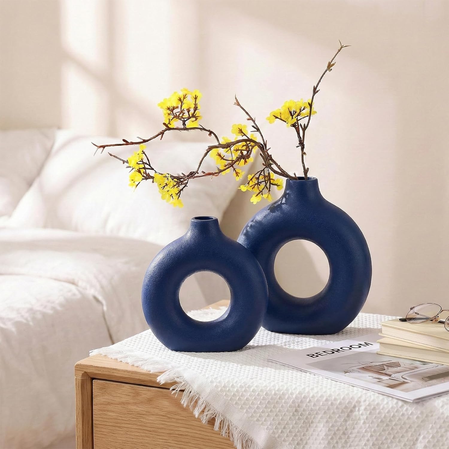 Modern Matte Ceramic Vases for Entryway Living Room / Navy Blue / Set of 2