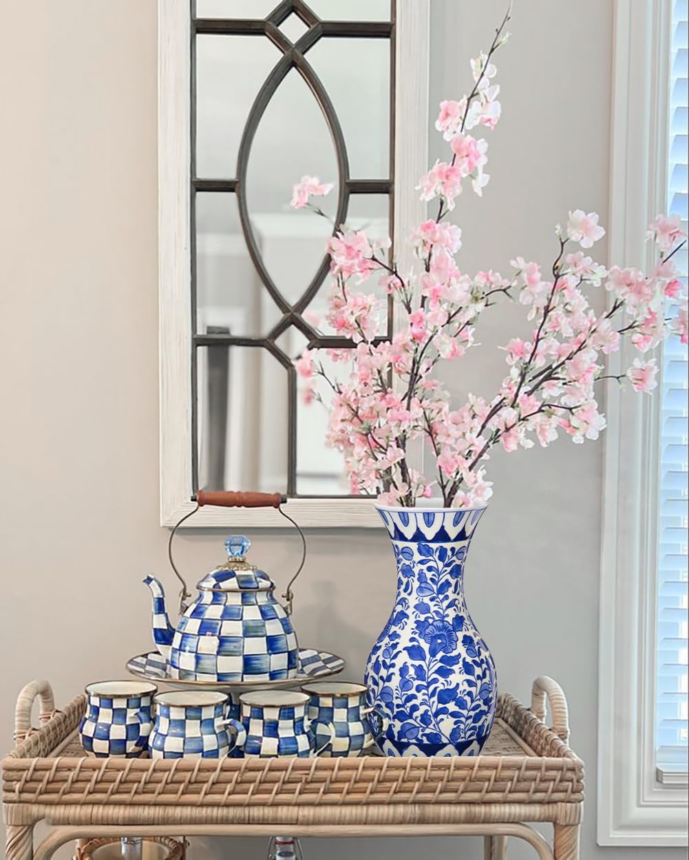 Tall Ceramic Vase in Wide Mouth Floral Pattern / # Small Floral Texture / Blue / 11 Inch