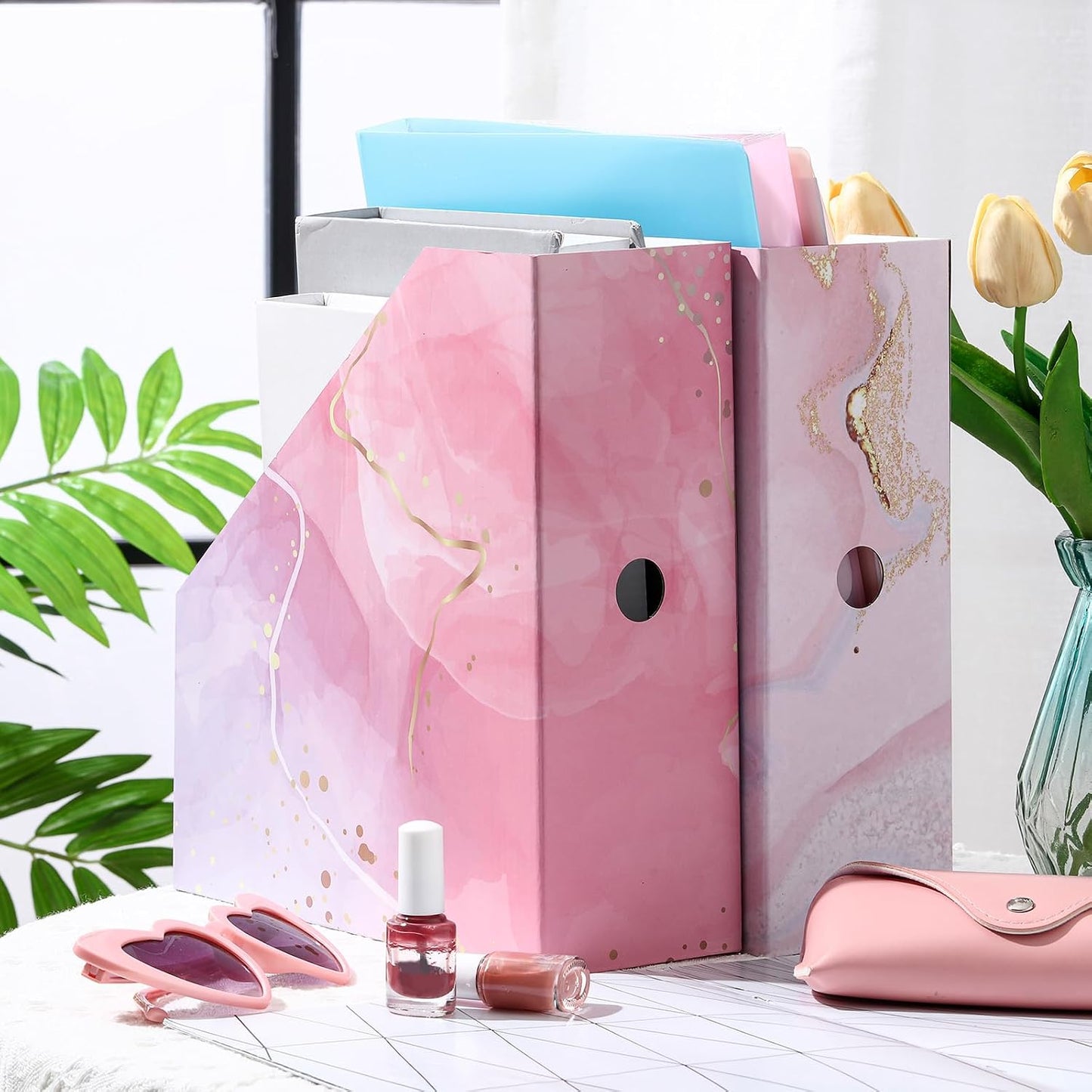 PerKoop 12 Pcs Decorative Magazine File Holders Floral Foldable File Folders Magazine Storage Boxes Rack Desk Organizer