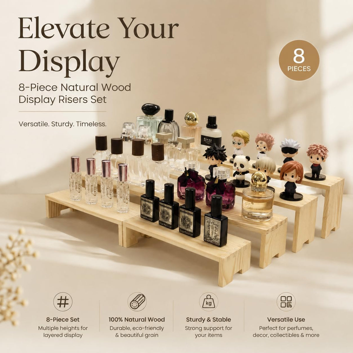 Yikaroeli Large Display Wood Risers Wooden Display Stand Tiered Wood Racks Decorative Rectangular, 4 Set 16 Pieces