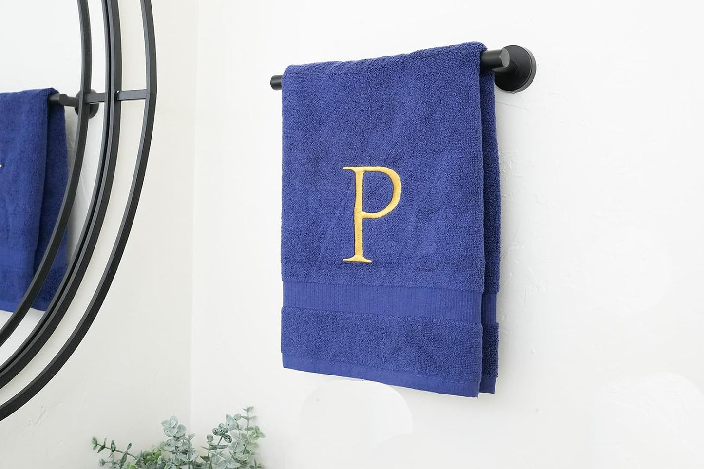 Navy with Gold Monogrammed Hand Towels for Bathroom - Set of 2 Letter P | Luxury Hotel Quality Initial Towels For