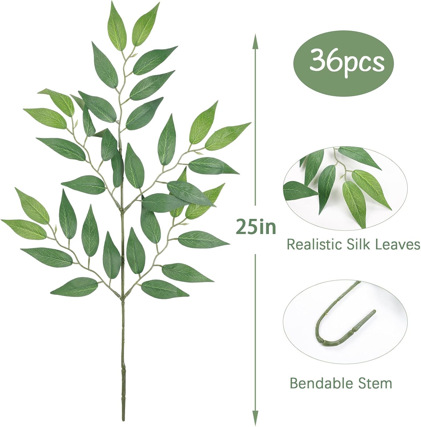 Italian Ruscus Artificial Greenery Stems Silk Leaves Fake Spray Plants / Green / 20 Inch / Set of 36