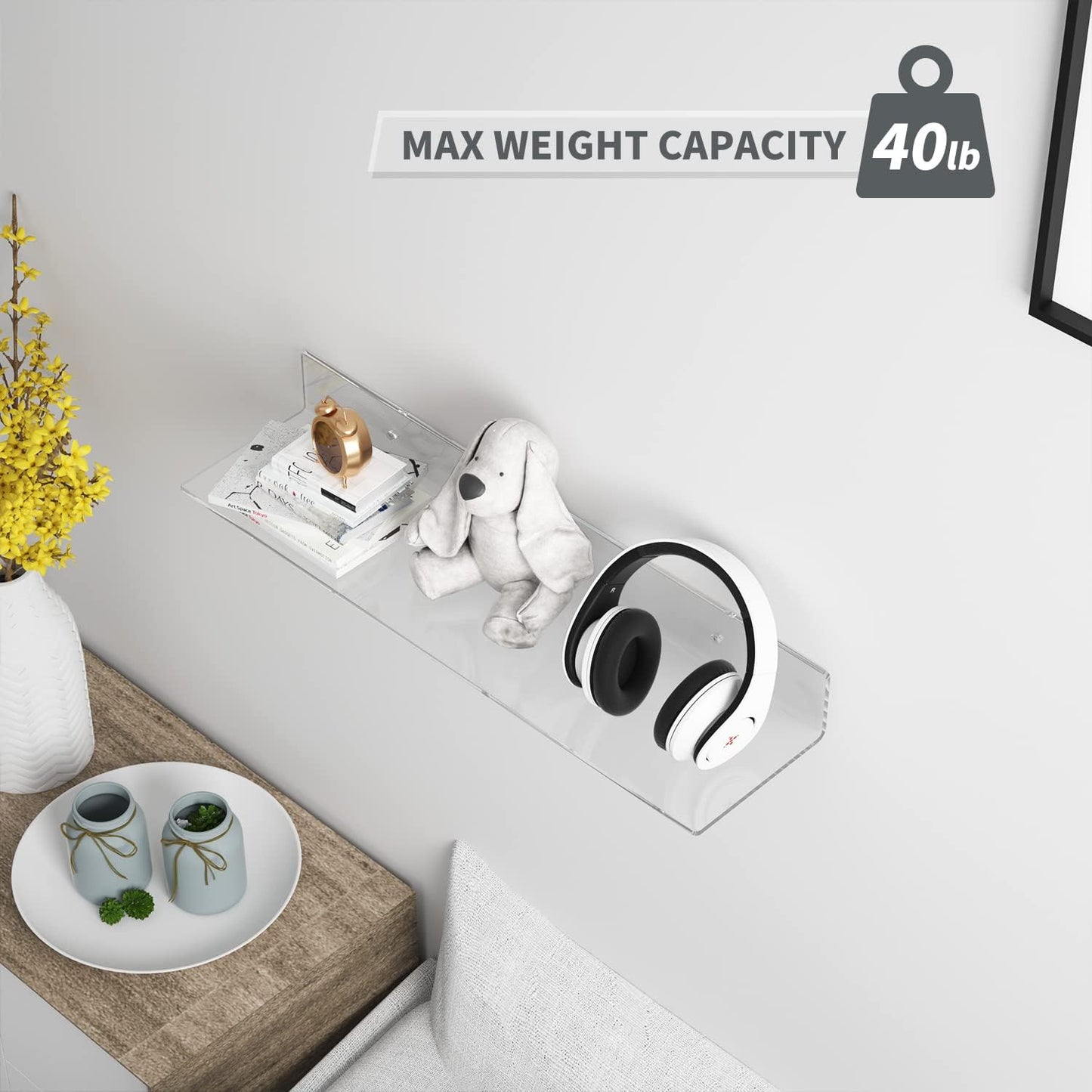 Sezanrpt 24 Inches Clear Floating Shelves for Wall, Acrylic Long Wall Shelf, Wall Mounted Shelves for Plants, Speaker