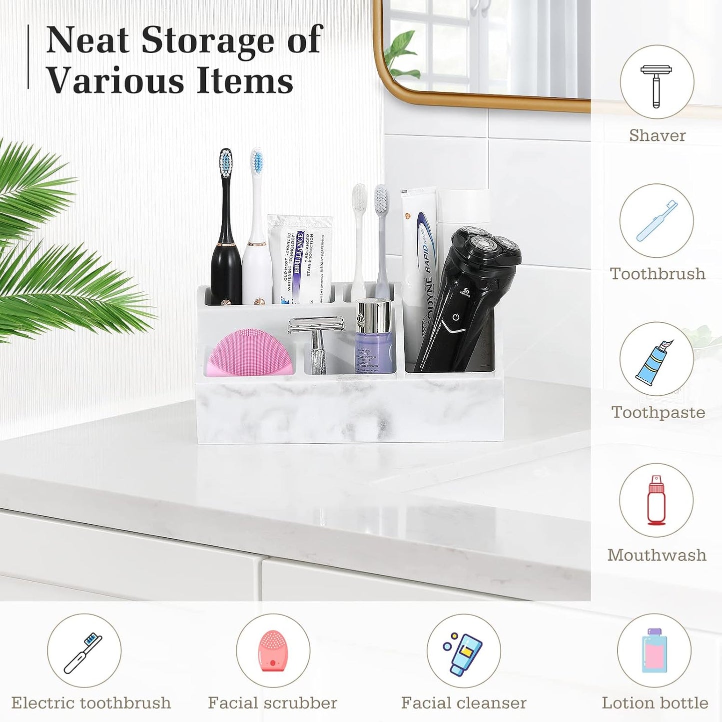 Luxspire Bathroom Counter Organizer, 5 Slots, Gravel White | Toothbrush Holder for Bathroom, Marble Bathroom