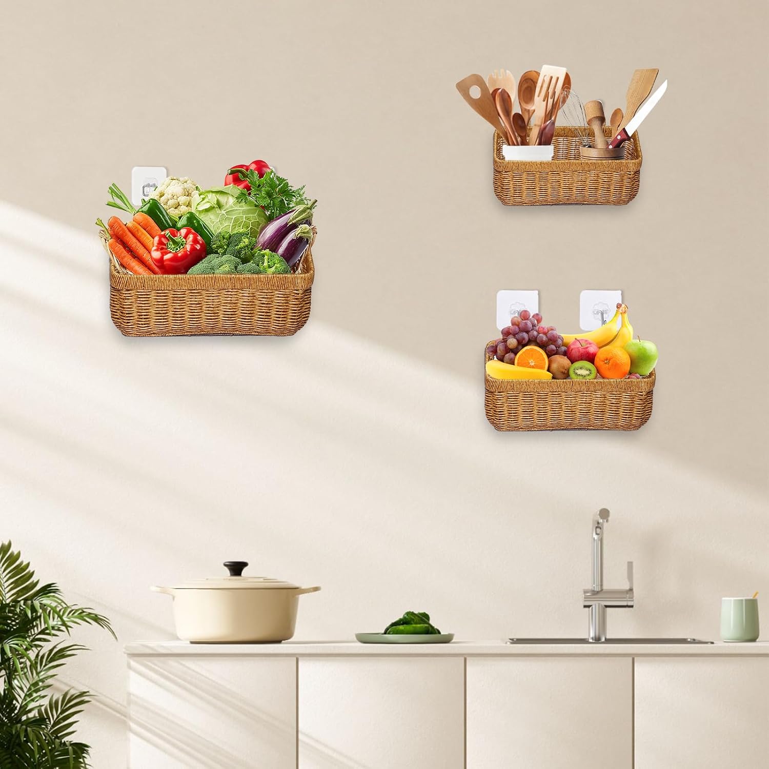Wall Wicker Baskets Decor / Yellow / S+M+L
