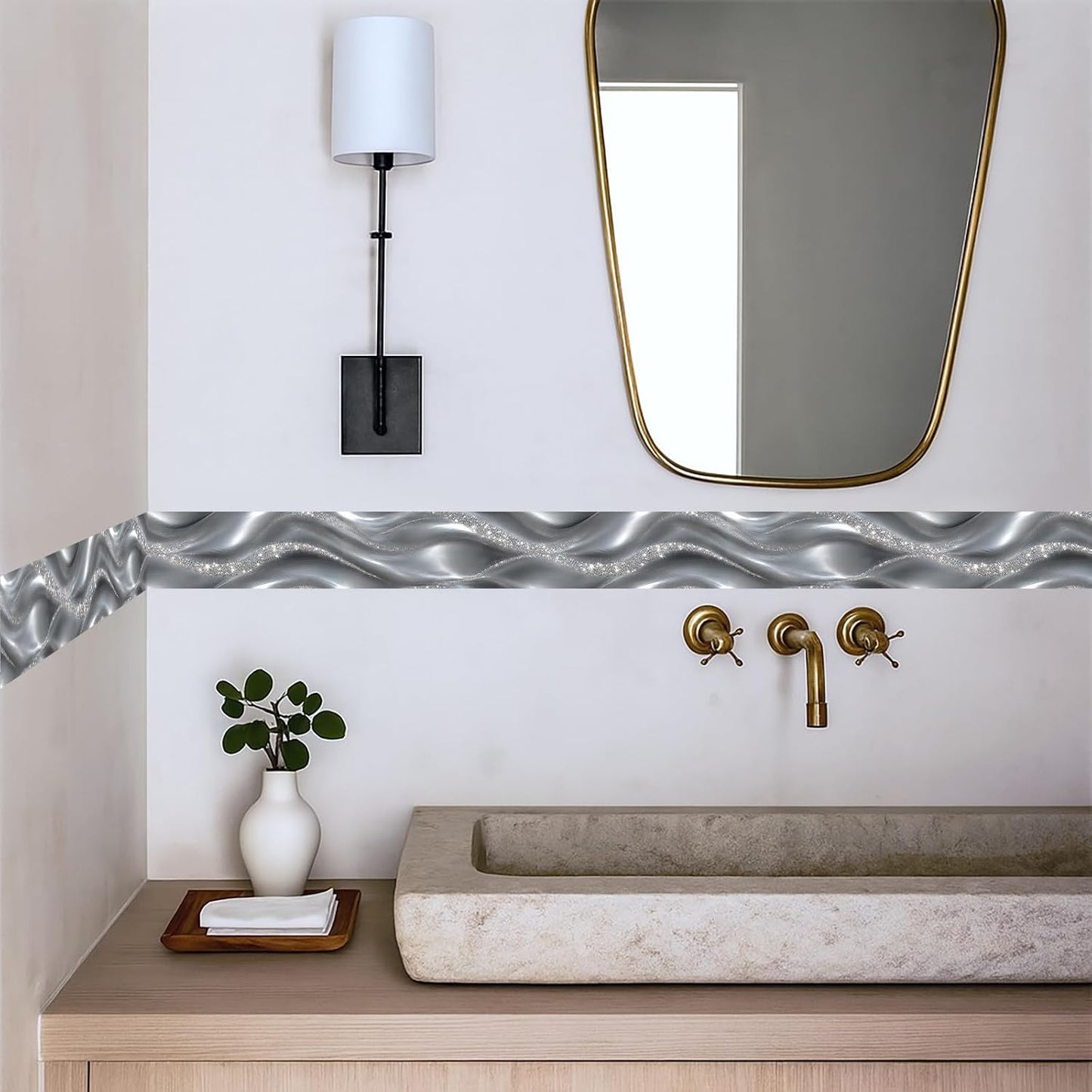 Wallpaper Border Modern Glitter Wall Border Peel and Stick / Silver Metallic Wave / 196 x 4