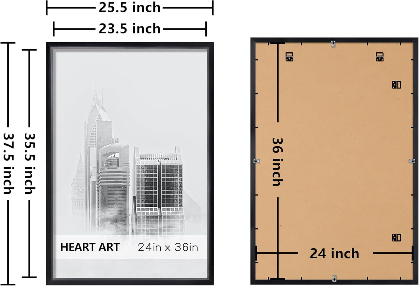 HEART ART 24x36 Poster Frames Without Mat Set of 4, Black | wall picture display 24 x 36 Poster Frames