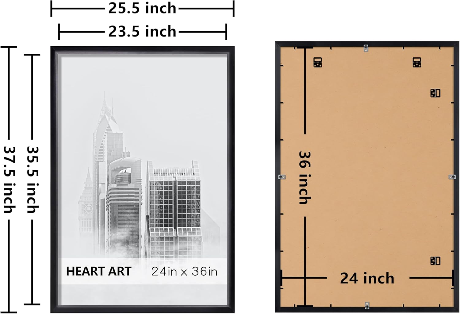 HEART ART 24x36 Poster Frames Without Mat Set of 4, Black | wall picture display 24 x 36 Poster Frames