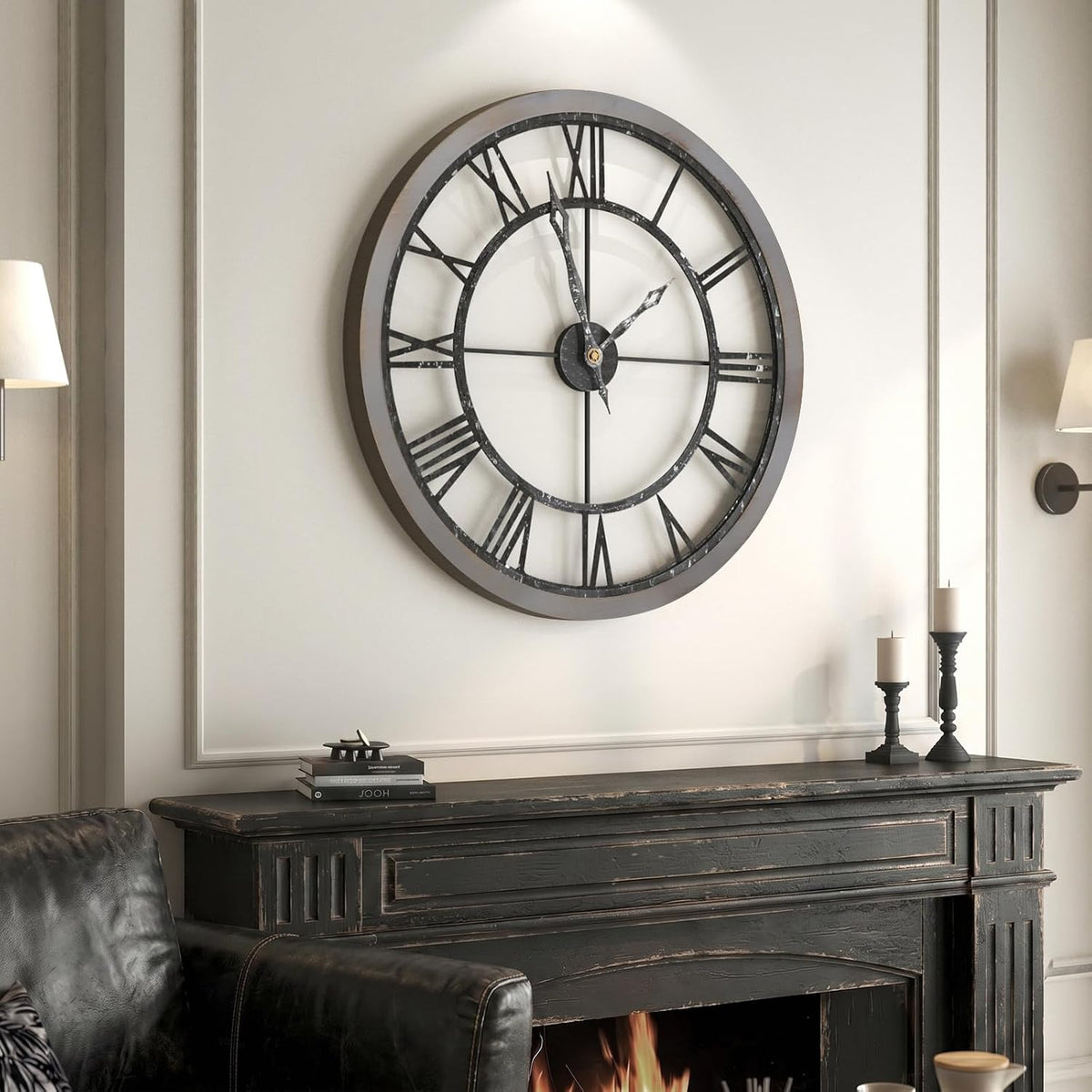 Cuspin 30 Inch Large Wall Clock Rustic Industrial Wood Frame Roman Numeral | Battery operated, Silent non ticking
