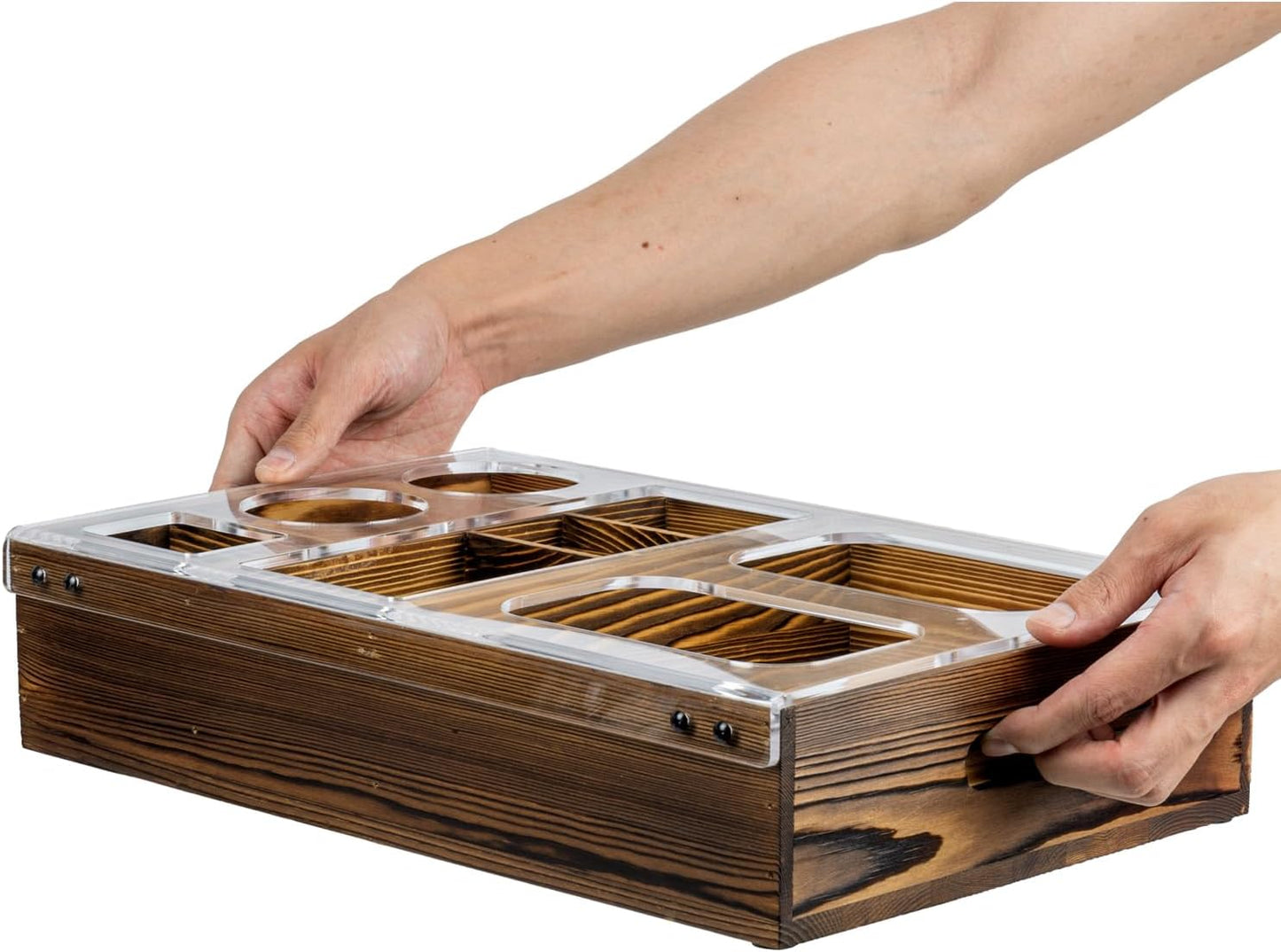 Couch Caddy Rustic Burnt Solid Wood and TV Snack Tray / Clear Acrylic