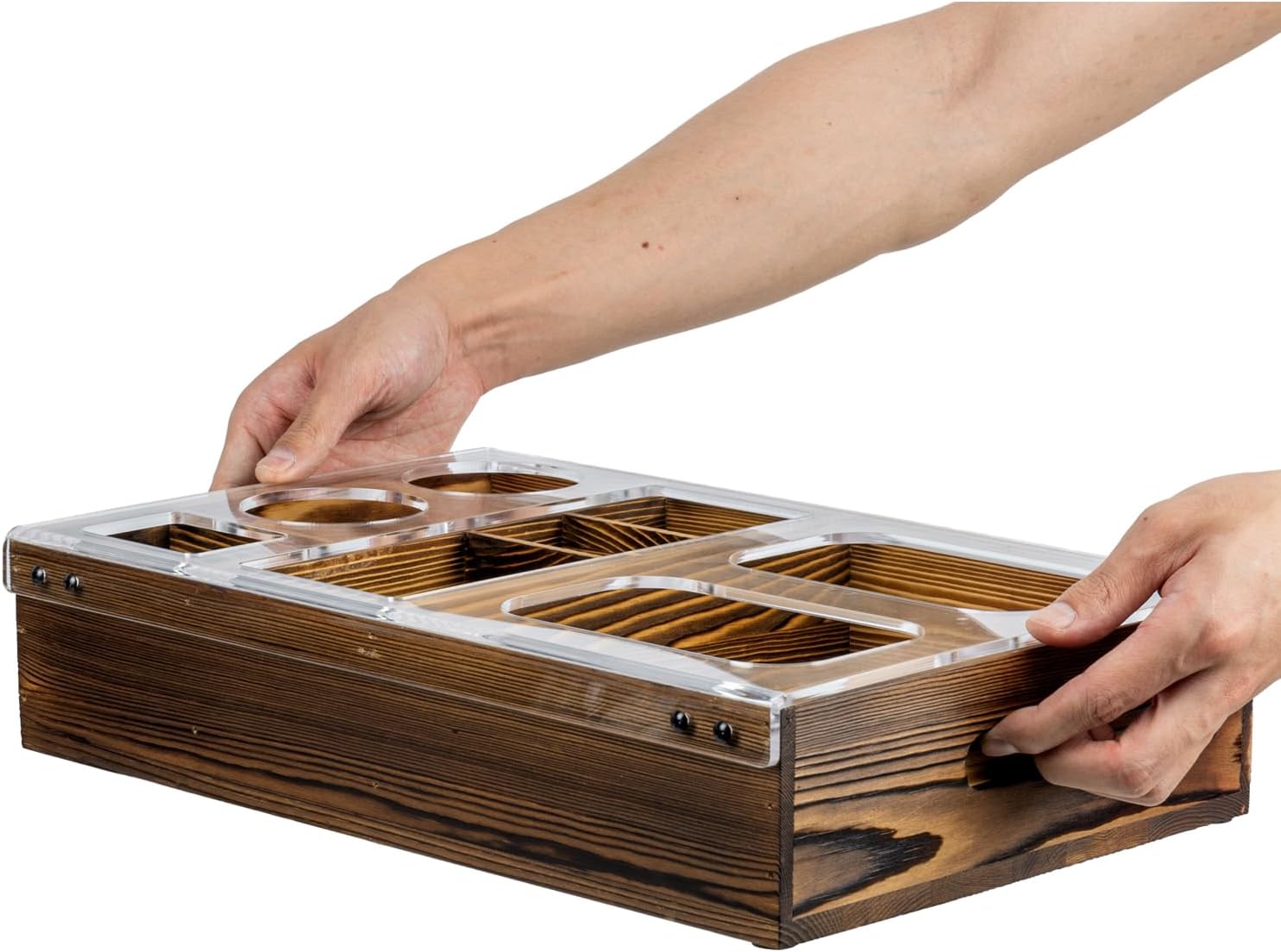 Couch Caddy Rustic Burnt Solid Wood and TV Snack Tray / Clear Acrylic