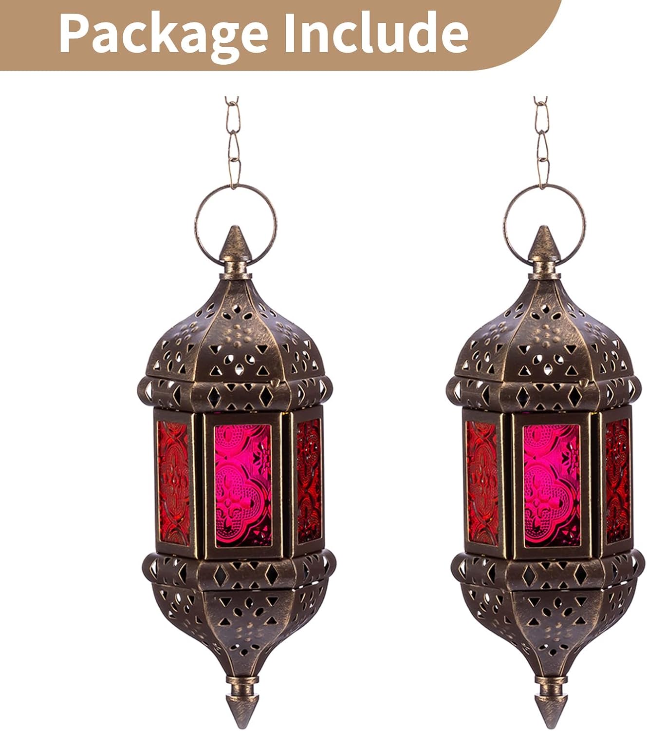 2 Pcs Hanging Hexagon Decorative Moroccan Candle Lantern Holders, Handmade Hanging Tea Light Holder in Bronze Metal &